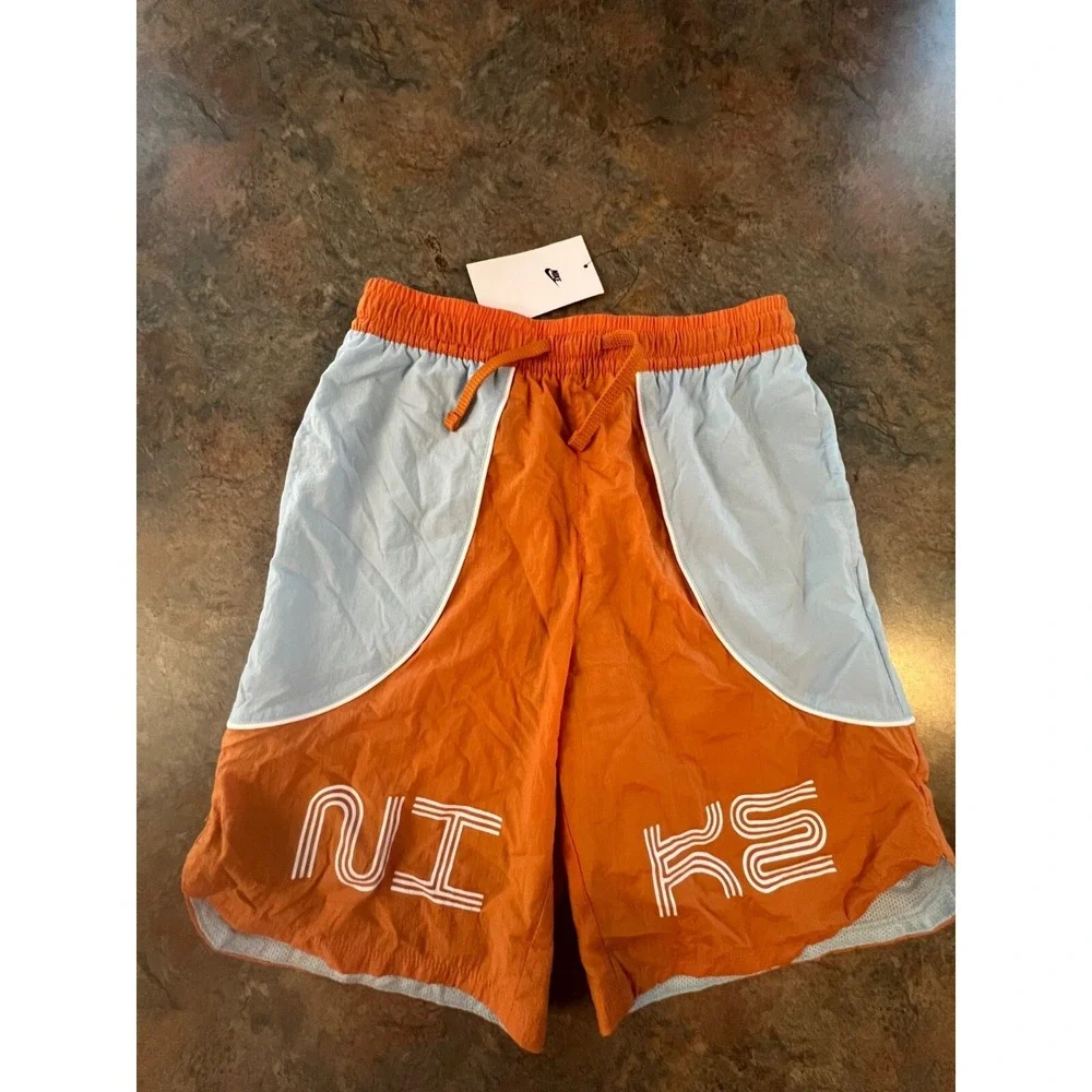 Nike Kids Standard Fit Mesh-Lined Athletic Shorts Large Orange & Light Blue
